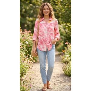 Fig and Flower by Anthropologie Pink Tie Dye Floral Back Button Down Shirt Small